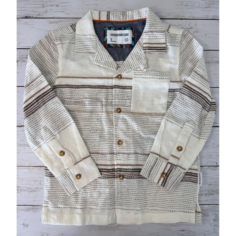 Sovereign Code Boys Textured Striped Button Down Shirt Cream Brown Size 5 NWT
